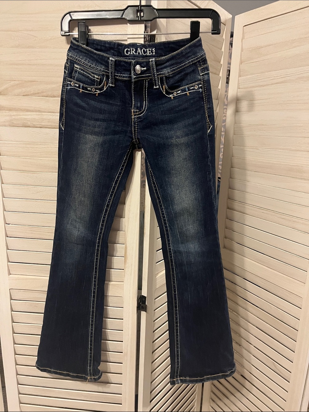 Grace Dark Indigo Flare Jeans with Contrast Stitching